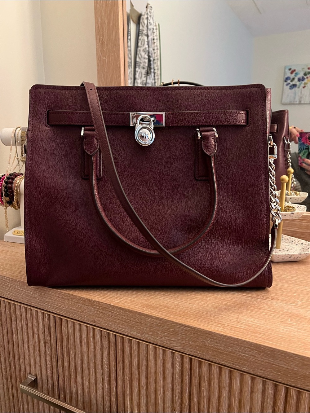 Michael Kors Burgundy Leather Satchel with Silver-Tone Lock